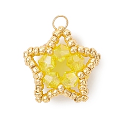 Желтый Подвески-звезды из стеклянного бисера, с 304 открытым соединительным кольцом из нержавеющей стали и стеклом, граненые, желтые, 18.5x19x10.5 мм, отверстие : 3 мм