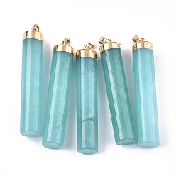 White Jade Natural White Jade Big Pendants, with Brass Findings, Dyed, Column, Golden, Turquoise, 66~68x13mm, Hole: 7x3.5mm
