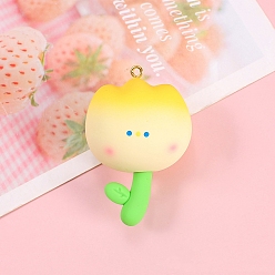 Желтый Большие подвески из непрозрачной смолы, с золотыми тонами железных петель, цветок, желтые, 60x40 мм