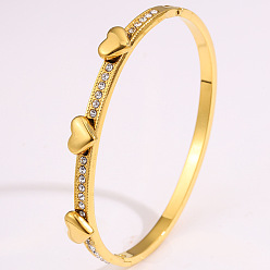 Сердце 304 Женские браслеты-кольца из нержавеющей стали с кристаллами и стразами, золотые, сердце, внутренний диаметр: 2.36 дюйм (6 см)