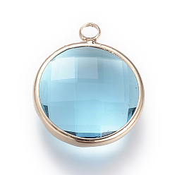 Светло-Голубой Стеклянные подвески, с латунной фурнитурой , граненые, плоско-круглые, Небесно-голубой, 9.5x6.5x2.5 мм, отверстие : 2 мм