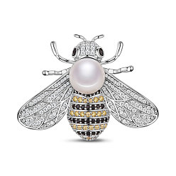 Platin Farbe Messing-Brosche, mit Grade aaa Zirkonia und Perle, Bienen, Platin Farbe, 39.3x30 mm