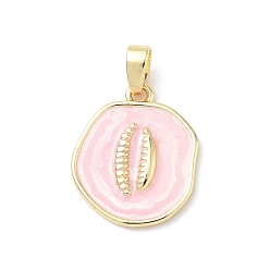 Pink Латунь эмаль подвески, круглый в форме ракушки, реальный 18 k позолоченный, розовые, 17.5x14.5x2 мм, отверстие : 4.5x2.8 мм