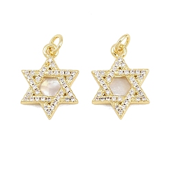 Настоящее золото 18K Латунные микропаве прозрачные подвески с фианитом, звезда прелести Дэвида, долговечный, стойки покрытие, без свинца и без кадмия, реальный 18 k позолоченный, 18x15x3 мм, Перейти кольцо: 5x1 мм, внутренний диаметр: 3 мм