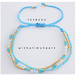Небесно-голубой Многослойные браслеты в пляжном стиле, выполненные из латуни, стекла и бисера., Регулируемые браслеты из плетеного шнура Байлон для женщин, с открытки, голубой, 11.02 дюйм (28 см)