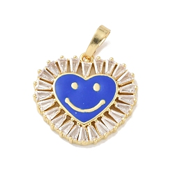 Blue Rack Plating Brass Micro Pave Clear Cubic Zirconia Pendants, with Enamel, Long-Lasting Plated, Lead Free & Cadmium Free, Real 18K Gold Plated, Heart with Smile, Blue, 20x19x2.5mm, Hole: 6.5x3.5mm