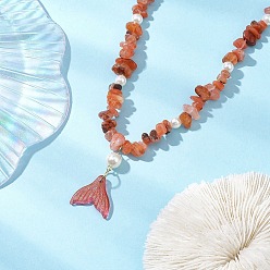 Red Agate Ожерелья с бусинами из натурального южного красного агата и имитацией круглого жемчуга, летние сверкающие стеклянные ожерелья с подвеской в виде рыбьего хвоста для женщин, 16.14~24.80 дюйм (41~63 см)