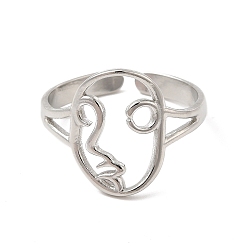Stainless Steel Color 304 Stainless Steel Abstract Face Open Cuff Ring for Women, Stainless Steel Color, US Size 6 1/2(16.9mm)