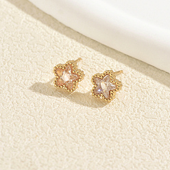 Clear 201 Stainless Steel Pave Cubic Zirconia Stud Earrings for Women, Star, Golden, Clear, 10x10mm