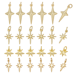 Настоящее золото 18K 24 шт 4 стили латунные подвески, с прыжковых колец, звезда, реальный 18 k позолоченный, 8.5~23x7.5~10.5x1~4 мм, отверстие : 0.8~3.4 мм, 6 шт / стиль