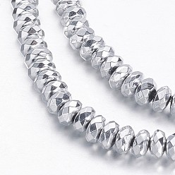 с Платиновым Покрытием Гальванизировать немагнитных синтетический гематит бисер пряди, граненые, рондель, с покрытием платиным, 4x2 мм, отверстие : 0.6 мм, около 206 шт / нитка, 15.7 дюйм