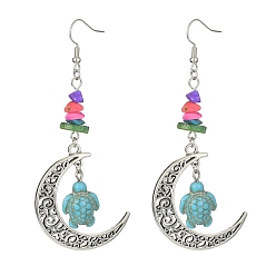 Turquoise Dyed Synthetic Turquoise Crescent Moon with Tortoise Dangle Earring, Antique Silver Alloy Long Drop Earrings, Turquoise, 84x35mm