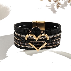 Черный Плетеный браслет из искусственной кожи Crod из нескольких нитей, браслеты bohemia для женщин, металлический браслет в форме сердца, браслеты в стиле бохемия с магнитными застежками, чёрные, 7-5/8 дюйм (19.5 см)