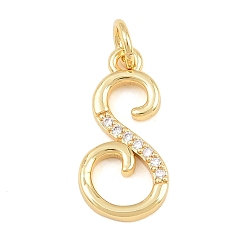 Letter S Brass Micro Pave Clear Cubic Zirconia Pendants, Letter Charms, Cadmium Free & Lead Free, Real 18K Gold Plated, Letter S, 18x9x2mm, Hole: 5mm