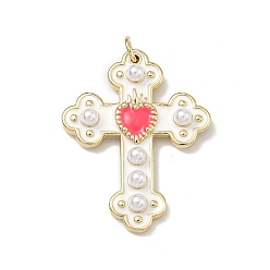 Белый Подвески из латуни с эмалью и имитацией жемчуга из АБС-пластика., крест прелести, долговечный, без кадмия и без свинца, стойки покрытие, реальный 18 k позолоченный, белые, 31.5x25x4 мм, Перейти кольцо: 5x1 мм, внутренний диаметр: 3 мм