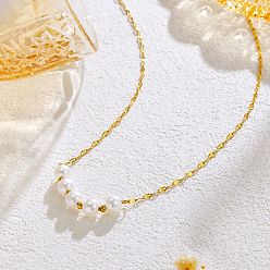Golden Imitation Pearl Round Beaded Pendant 201 Stainless Steel Dapped Chain Necklaces for Women, White, Golden, 16.14 inch(41cm)