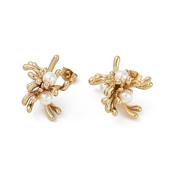 Настоящее золото 18K Ионное покрытие (ip) 304 серьги-гвоздики из нержавеющей стали с кораллами, с пластиковой имитационной жемчужиной, реальный 18 k позолоченный, 17.5x22 мм