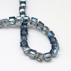 Prussian Blue Electroplate Glass Beads Strands, Rainbow Plated, Cube, Prussian Blue, 10x10~10.5x10~10.5mm, Hole: 1.5mm, about 80pcs/strand, 32.2 inch