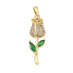 Golden Brass Micro Pave Colorful Cubic Zirconia Pendants, with Glass, Rose Charms, Golden, 29.5x9x4.5mm, Hole: 5x2.5mm