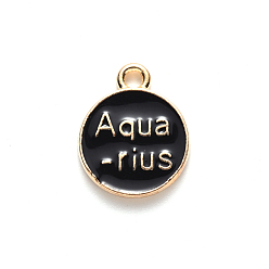 Aquarius Alloy Enamel Pendants, Cadmium Free & Lead Free, Flat Round with Constellation, Light Gold, Black, Aquarius, 22x18x2mm, Hole: 1.5mm