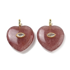 Strawberry Quartz Natural Strawberry Quartz Pendants, Heart Charms with Brass Micro Pave Clear Cubic Zirconia Findings, Golden, 31.5~32x25~25.5x9.5~10.5mm, Hole: 4mm