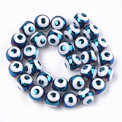 Steel Blue Electroplate Glass Beads Strands, Round with Evil Eye Pattern, Steel Blue, 10x9.5~10mm, Hole: 1.2mm, about 30pcs/strand, 11.2 inch