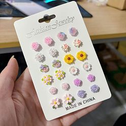 Gemischte Farbe Ohrstecker aus Messing und Emaille für Damen, Blume, Harz Ohrringe, Gemischte Farbe, 5~10 mm, 12 Paare / Satz