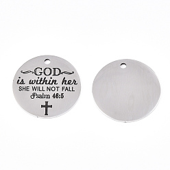 Нержавеющая Сталь Цвет Не тускнеющие 201 подвески из нержавеющей стали, плоский круглый со словом бог, цвет нержавеющей стали, 30x1.5 мм, отверстие : 2 мм