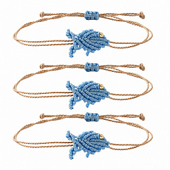 Steel Blue Ocean Adjustable Braided Wax Cord Fish Link Bracelet Sets with Brass Beads for Women, Adjustable Stackable Bracelets, Golden, Steel Blue, 11.02 inch(28cm), 3pcs/set
