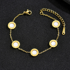 White Minimalist 201 Stainless Steel Roman Numerals Flat Round Link Chain Bracelets for Men, Golden, White, 6.89 inch(17.5cm)