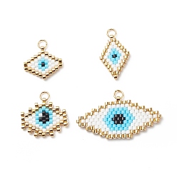 White 4Pcs 4 Style Braided MIYUKI Japanese Seed Beaded Pendants, Rhombus Charms with Evil Eye, White, 16~20.5x11~32x1.5mm, Hole: 3mm, 1Pc/style