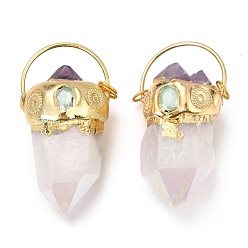 Golden Natural Crystal Quartz and Amethyst Big Pendants, with  Brass Findings, Nuggets, Golden, 53~61.5x33x25.5~29mm, Jump Ring: 7x1mm, Inner Diameter: 6mm