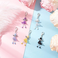 Античный Серебристый & Платиновый 5шт. Цветочный ангел, стеклянные семена и акриловые подвесные украшения, с цинковым сплавом застежками омаров коготь, старинное серебро и платина, 47.5~48.5 мм