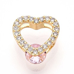 Pink Латунные микро проложить кубического циркония прелести, сердце, розовые, 10x10x4 мм, отверстие : 5x2 мм