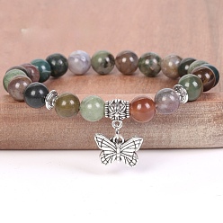 Indian Agate 8MM Round Natural Indian Agate Beaded Stretch Bracelets with Alloy Butterfly Charms, Antique Silver, 7.48 inch(19cm)