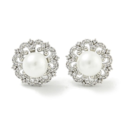 Платина Серьги-гвоздики из латунного микро-паве, с пластиковой бисера, цветок, платина, 15x15 мм