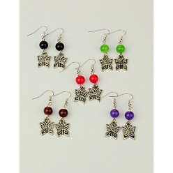 Mixed Color Fashion Butterfly Dangle Earrings, with Tibetan Style Pendant, Glass Beads and Brass Earring Hooks, Mixed Color, 40mm