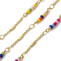 Настоящее золото 18K Латунный круг с цепями столбчатого звена, со стеклянными бисеринами, пайки, с катушкой, реальный 18 k позолоченный, 18x3x2 мм