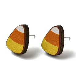 Треугольник Деревянные серьги-гвоздики, с 316 хирургическим стержнем из нержавеющей стали, тема благодарения, серебряные, темно-оранжевый, треугольные, 15x11 мм