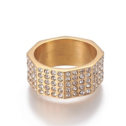 Golden Ion Plating(IP) 304 Stainless Steel Finger Rings, with Rhinestones, Crystal, Golden, Size 8~13, 18~23mm