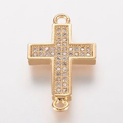 Golden Brass Micro Pave Cubic Zirconia Links, Cross, Golden, 22.5x13x2mm, Hole: 1.5mm