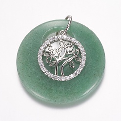 Green Aventurine Natural Green Aventurine Gemstone Pendants, with Brass Rhinestone Finding, Flat Round & Tree, Platinum, 40x6~8mm, Hole: 14mm