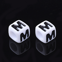 Letter M Acrylic Horizontal Hole Letter Beads, Cube, Letter M, White, Size: about 7mm wide, 7mm long, 7mm high, hole: 3.5mm, about 2000pcs/500g