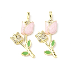 Pink Латунь микропаве фианиты с подвесками из эмали, цветок, реальный 18 k позолоченный, розовые, 28x15x2.5 мм, отверстие : 2x3.5 мм