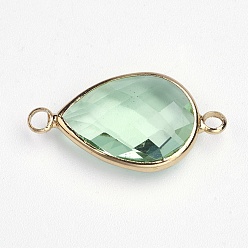 Бледно-Зеленый Соединители звеньев латуни стеклянные, граненые, слеза, золотой свет, бледно-зеленый, 14x25.5x5 мм, отверстие : 2 мм