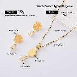 Round 304 Stainless Steel & Imitation Pearl Stud Earrings & Pendant Necklaces Sets for Women, Golden, Round, 450mm
