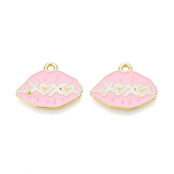 Pink Подвески из сплава с эмалью ко дню святого валентина, губы прелести, золотые, розовые, 16x20x1 мм, отверстие : 1.6 мм