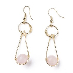 Rose Quartz Natural Rose Quartz Dangle Earrings, with Brass Findings, 55~71x12~13mm, Pin: 0.7mm