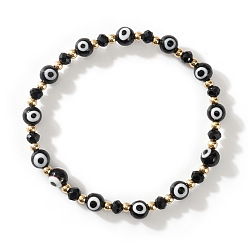Черный Браслеты из стеклянных и латунных бусин, бусины от сглаза ювелирные изделия для мужчин и женщин, чёрные, внутренний диаметр: 6-1/2 дюйм (16.5 см) ~ 6-3/4 дюйм (17 см)