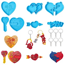 Deep Sky Blue DIY Pendant Silicone Molds, Resin Casting Molds, For UV Resin, Epoxy Resin Jewelry Making, with 6Pcs Iron Split Key Rings and 6Pcs Iron Open Jump Rings, Heart & Word & Key, Deep Sky Blue, Molds: 67~78x31~70x6~9mm, Hole: 3mm